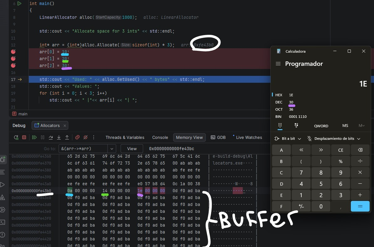 Example of 'Bump Allocator' in action with memory view